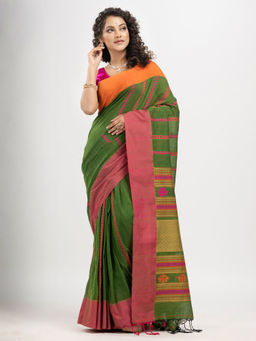 Angoshobha - Jungle Green Cotton Stripe with Pallu Jacquard and Solid Saree with Unstitched Blouse