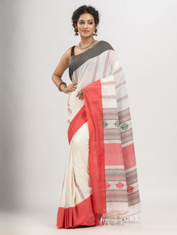 Angoshobha - White Cotton Stripe with Pallu Jacquard and Solid Saree with Unstitched Blouse