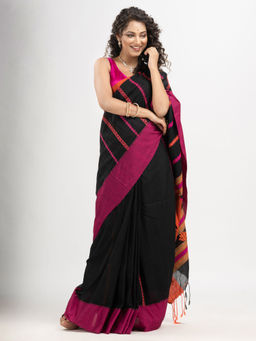 Angoshobha - Black Cotton Stripe with Pallu Jacquard and Solid Saree with Unstitched Blouse