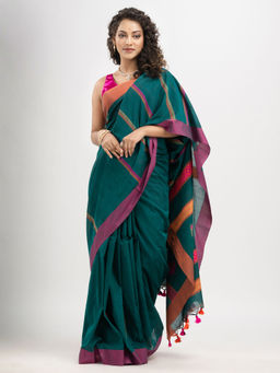 Angoshobha - Teal Cotton Stripe with Pallu Jacquard Motive and Solid Saree with Unstitched Blouse