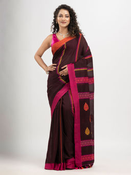 Angoshobha - Dark Coffee Cotton Stripe with Pallu Jacquard and Solid Saree with Unstitched Blouse