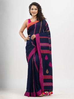 Angoshobha - Navy Blue Cotton Stripe with Pallu Jacquard Motive and Solid Saree with Unstitched Blouse