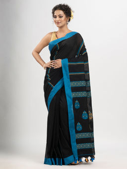 Angoshobha - Black Cotton Stripe with Pallu Jacquard Motive and Solid Saree with Unstitched Blouse