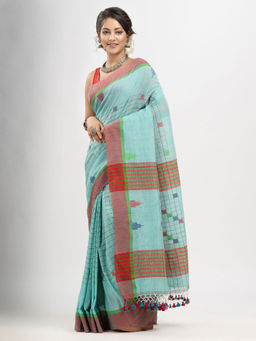 Angoshobha - Electric Blue Cotton Check and Buti with Pallu Buti In Solid Saree with Unstitched Blouse