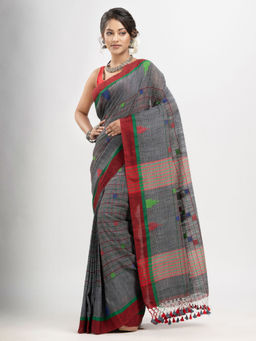 Angoshobha - Grey Cotton Check and Buti with Pallu Buti In Solid Saree with Unstitched Blouse