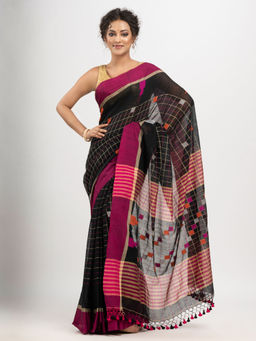 Angoshobha - Black Cotton Check and Buti with Pallu Buti In Solid Saree with Unstitched Blouse
