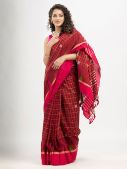 Angoshobha - Red Cotton Check and Buti with Pallu Buti In Solid Saree with Unstitched Blouse