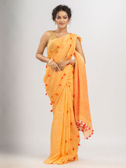 Angoshobha - Orange Linen all Body Pom with Pallu Stipe Handwoven Saree with Unstitched Blouse