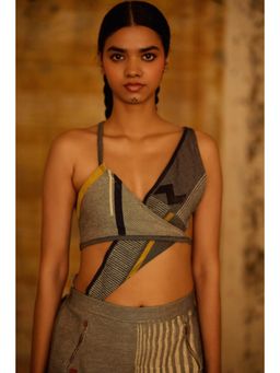 Banana Labs - Women's Grey Sequence Alignment Denim Wrap Crop Top