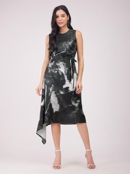 FableStreet - Satin Asymmetric Hem Belted Dress - Black (Set of 2)