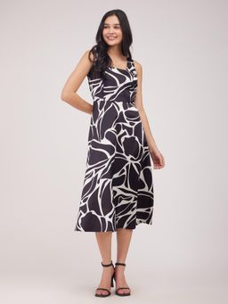 FableStreet - Satin Fit and Flare Dress - Black and White