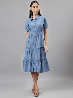 Latin Quarters - Women Blue Short Sleeve A-line Collar Midi Dress