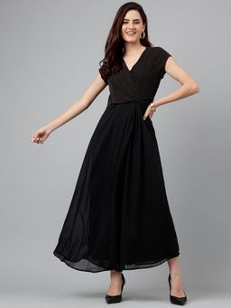 Latin Quarters - Women Black Cap Sleeve Fit & Flare V-Neck Maxi Dress