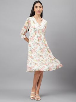 Latin Quarters - Women White Three Fourth Sleeves A-Line V-Neck Knee Length Dress