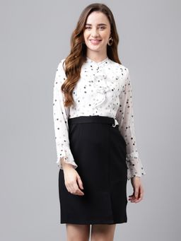 Latin Quarters - Women White Full Sleeves Bodycon Ruffle Neck Above Knee Dress