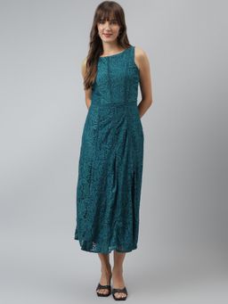 Latin Quarters - Women Teal Sleeveless A-line Round Neck Midi Dress