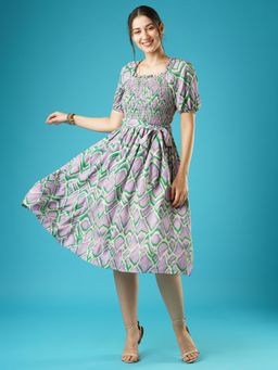 Globus - Women Lavender Abstract Print Puff Sleeves Pleated Fit & Flare Belted Midi Dress