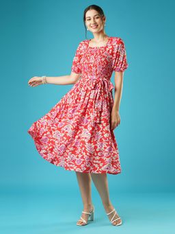 Globus - Women Red Floral Print Square Neck Puff Sleeves Pleated Fit & Flare Belted Midi Dress