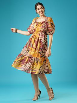 Globus - Women Multi Tropical Square Neck Puff Sleeves Tie-Up Back Fit & Flare Midi Dress