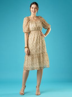 Globus - Women Beige Chevron Print Square Neck Puff Sleeves Tie-Up Back Fit & Flare Midi Dress