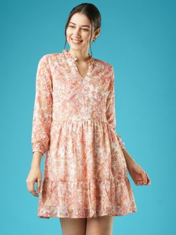 Globus - Women White Floral Printed Frilled Mandarin Collar Gathered Fit & Flare Dress