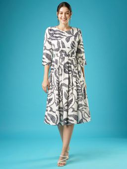 Globus - Women White Tropical Printed Round Neck Gathered A-Line Midi Workwear Dress With Belt