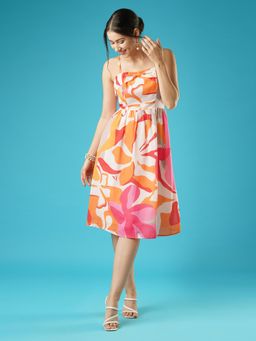 Globus - Women Multi Floral Print Square Neck Shoulder Straps Bow Design Panelled Fit & Flare Midi Dress