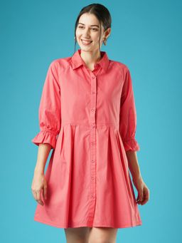 Globus - Women Pink Raglan Sleeves Gathered Oversized Above Knee Shirt Style Dress