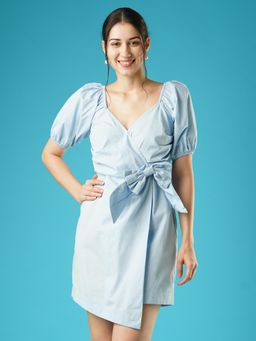 Globus - Women Blue Puff Sleeves Side Pleated Waist Tie-Up Mini Dress