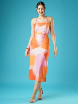 Globus - Women Multi Stretchable Abstract Print Strappy Shoulder Cut-Outs Slide Slit Sheath Midi Party Dress
