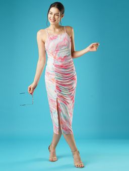 Globus - Women Pink Abstract Print Square Neck Strappy Shoulder Ruched Side Slit Midi Bodycon Party Dress