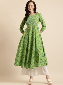 Rangmayee - Women Green & Grey Cotton Floral Print A-line Kurta
