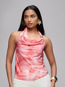 RSVP by Nykaa Fashion - Pink Feather Print Halter Neck Cowl Top With Trim Detail