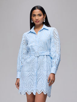 RSVP by Nykaa Fashion - Baby Blue Schiffli Button Down Mini Shirt Dress With Belt