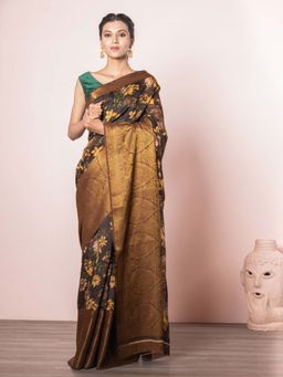 EXCLUSIVA - Brown Soft Printed Silk Linen Saree with Unstitched Blouse