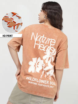Bewakoof - Women Orange Nature Heals Graphic Printed Oversized Acid Wash T-shirt