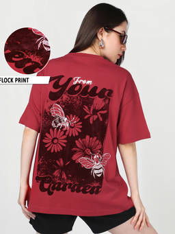 Bewakoof - Women Red Garden Graphic Printed Oversized T-shirt