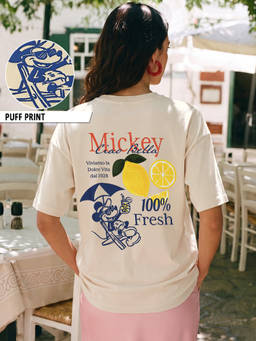 Bewakoof - Disney Mickey Mouse Women Beige Ciao Bella Graphic Printed Oversized T-shirt