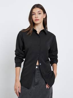 Styli - Women Black Solid Regular Collar Long-Sleeves Oversized Shirt