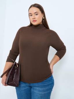 Styli - Women Brown Plus Size Mock Neck Regular Fit Ribbed Top