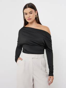 Styli - Women Black Solid One-Shoulder Regular Fit Top