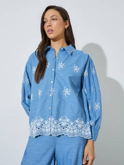 Styli - Women Sky Blue Floral Embroidered Boxy Fit Shirt
