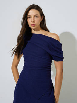 Styli - Women Navy Blue Solid Off-Shoulder Short Sleeves Fitted Top
