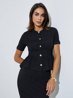 Styli - Women Black Solid Crew-Neck Regular Fit Peplum Top