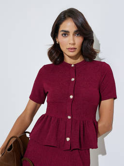 Styli - Women Burgundy Solid Crew-Neck Short Sleeves Regular Fit Peplum Top