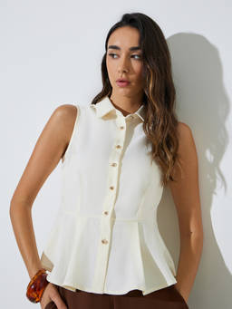 Styli - Women Off White Solid Shirt Collar Regular Fit Peplum Top
