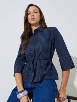 Styli - Women Navy Blue Vertical Stripes Regular Fit Shirt