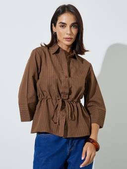 Styli - Women Tan Pinstripe Regular Fit Shirt