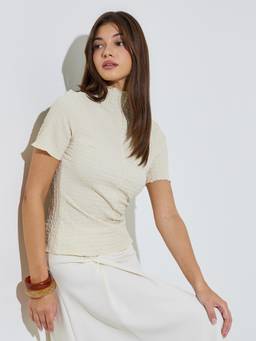 Styli - Women Beige Self Design Mock-Neck Fitted Top