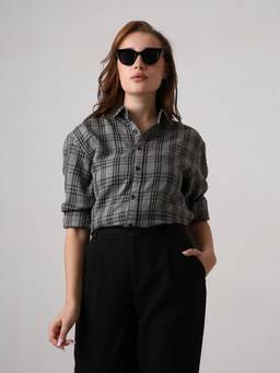 BLNK - Women Grey Checkered Casual Shirt